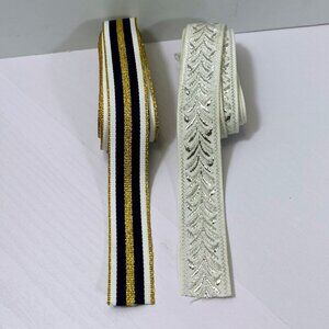 Metallic Grosgrain Navy/White/Gold Lurex Stripe/White Jungle Jacquard Ribbon Lot